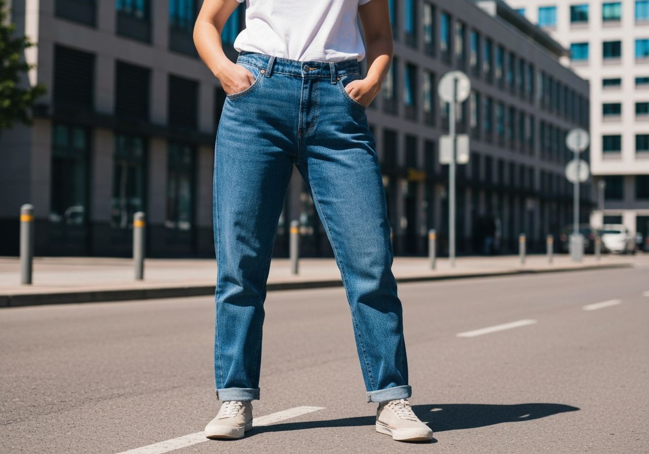 Młoda kobieta w boyfriend jeans i białym t-shircie stoi na miejskiej ulicy w naturalnym świetle.