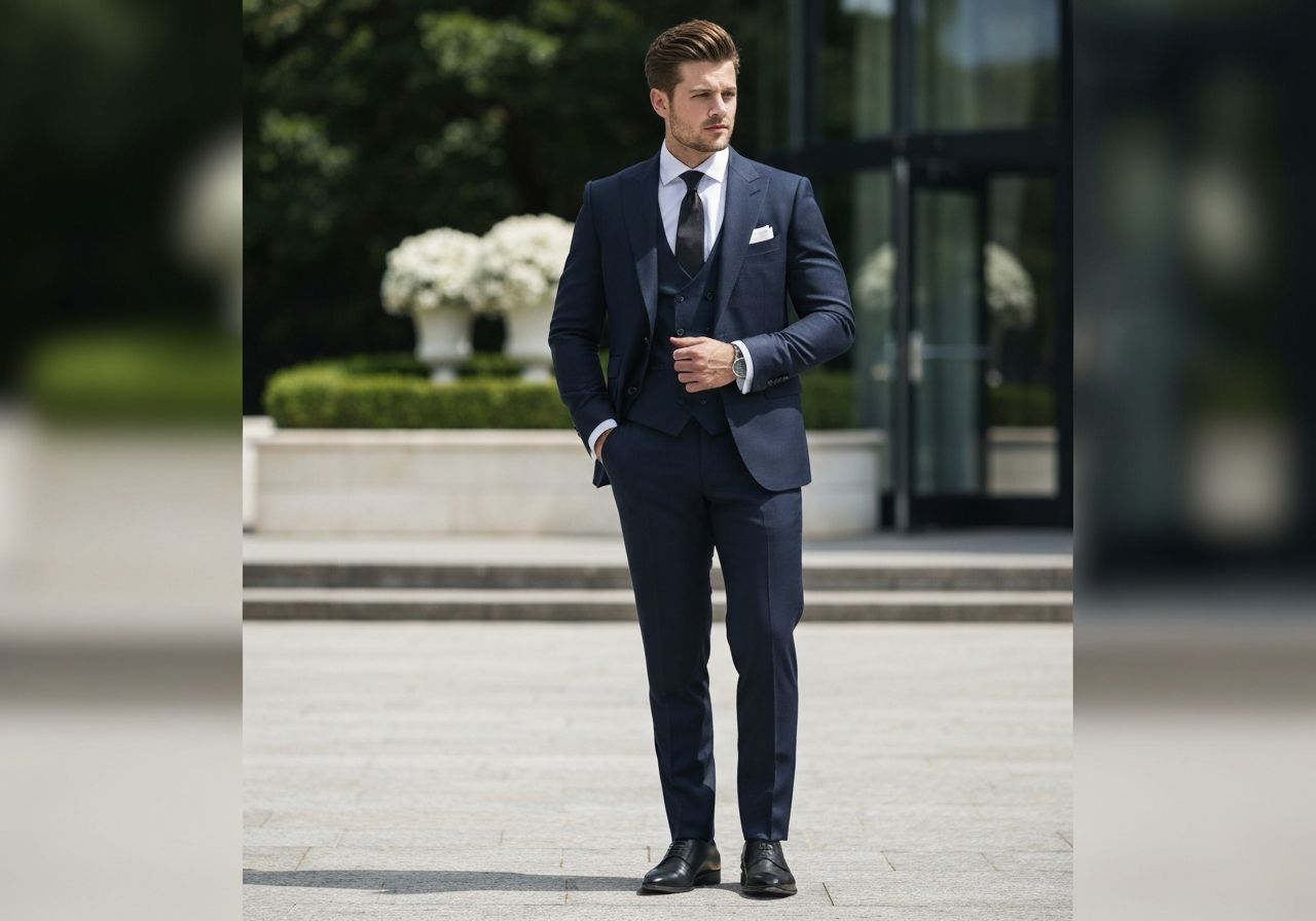 Mężczyzna w granatowym garniturze trzyczęściowym stoi na tle rozmytej zieleni eleganckiego wesela