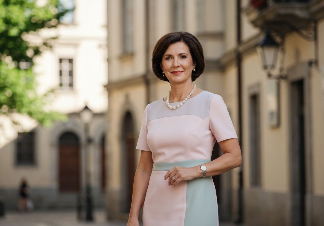 Stylowa kobieta w średnim wieku w pastelowej sukience na tle miejskiej architektury i zieleni
