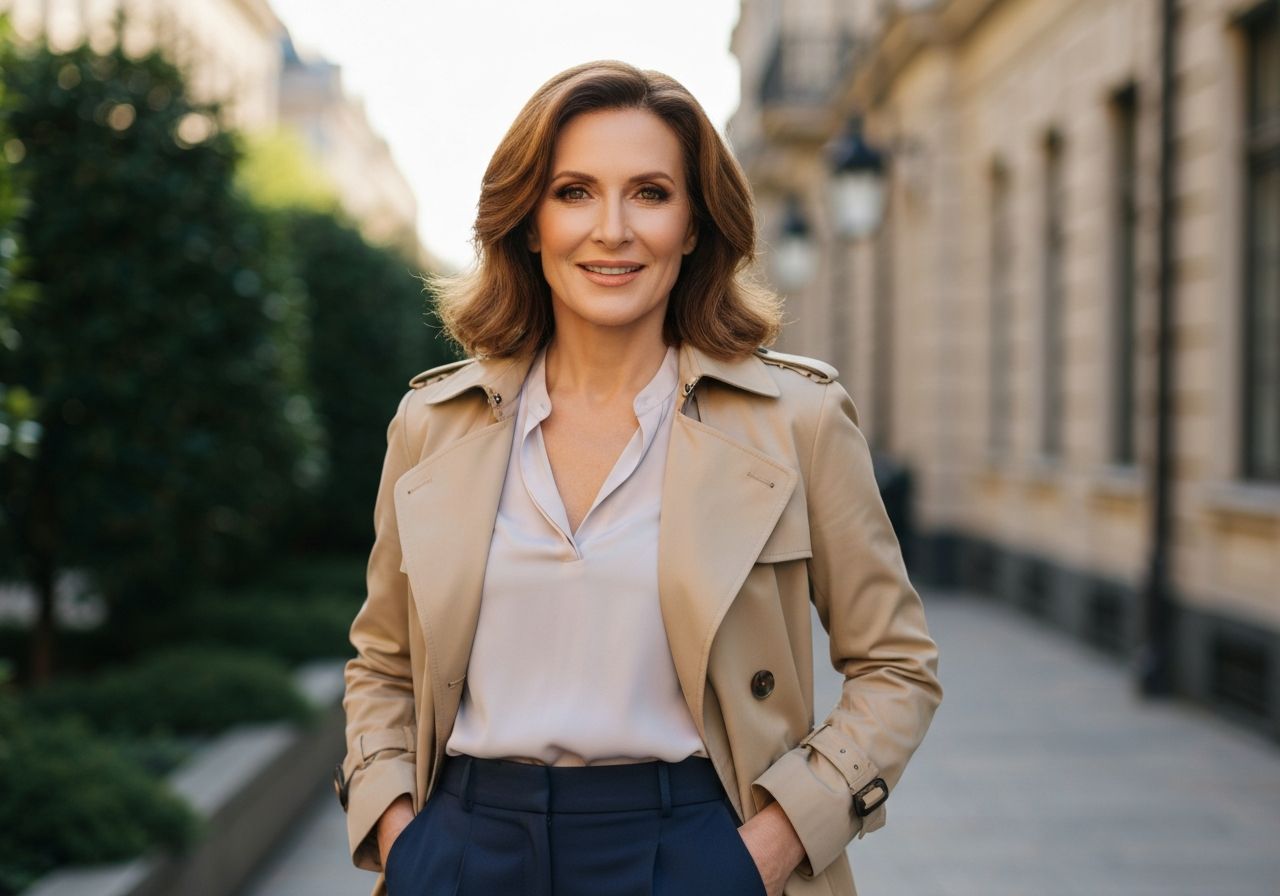 Portret pewnej siebie kobiety w beżowym trenczu na miejskim tle oświetlonym złotą godziną
