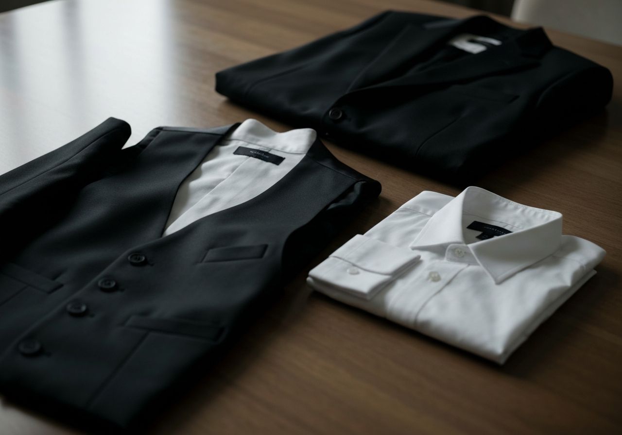 Czarne eleganckie ubrania formalne na drewnianym stole w naturalnym świetle, tekstury wełny, jedwabiu i bawełny