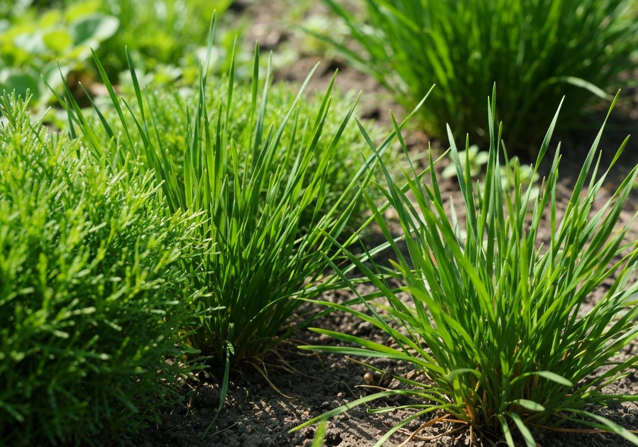 Zbliżenie na zielone trawy niskie w naturalnym ogrodzie z jasnym światłem i gęstą roślinnością