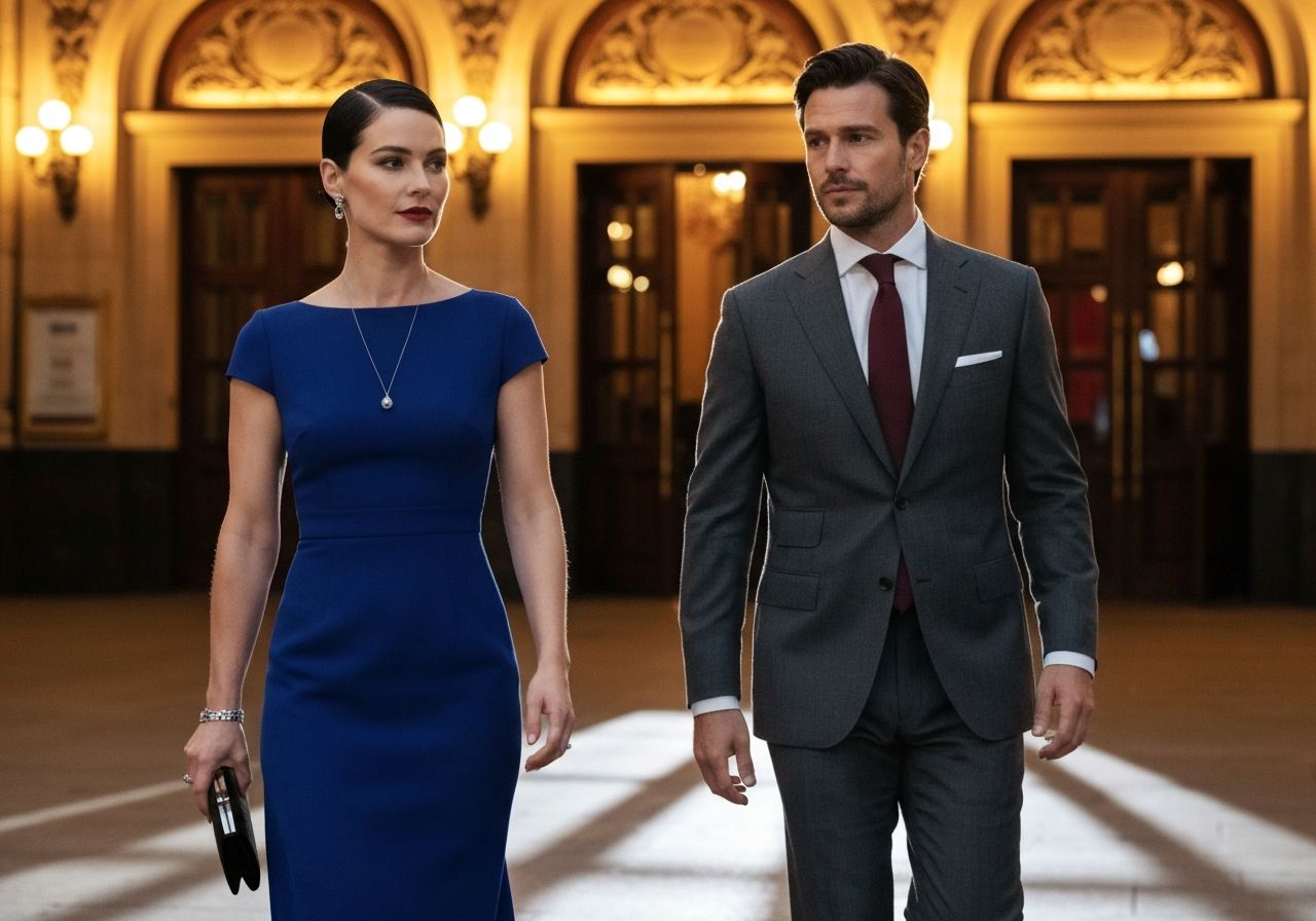 Elegancka para wchodzi do historycznego teatru wieczorem podświetlonego ciepłym światłem.