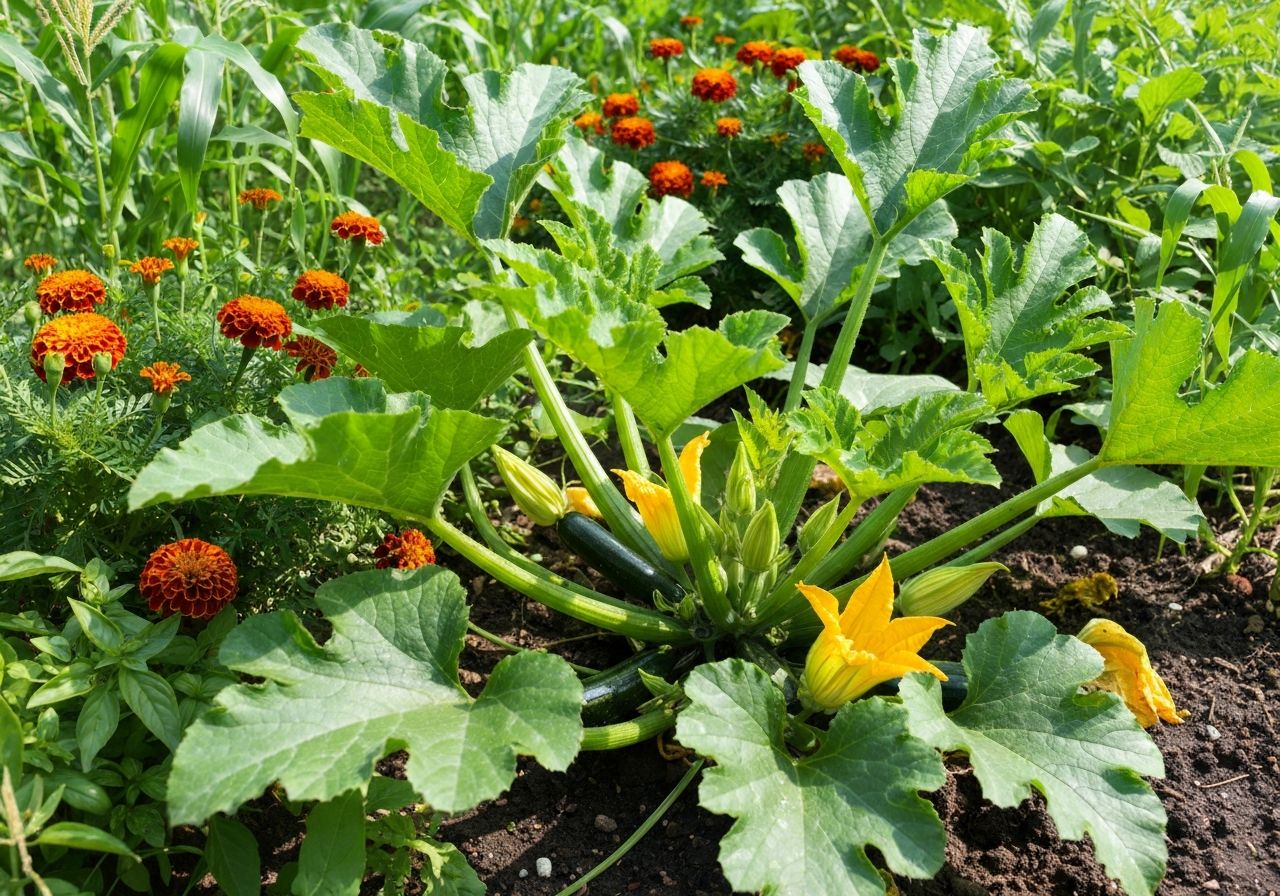 Grządka z rosnącą cukinią, kwiatami nagietka, bazylią, fasolą i kukurydzą pod naturalnym światłem.