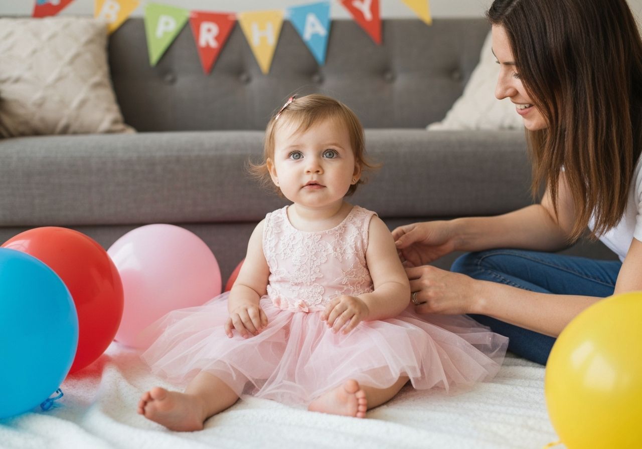 Szczęśliwa roczna dziewczynka w różowej sukience na tle balonów, mama poprawia jej ubranie w przytulnym domu.