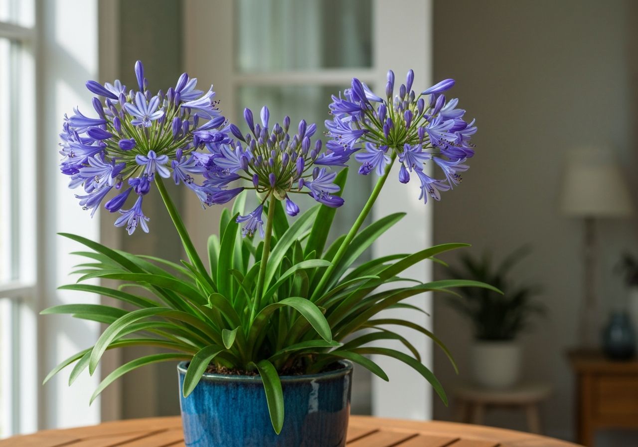 Agapanthus w doniczce na drewnianym stole w jasnym, naturalnie oświetlonym wnętrzu