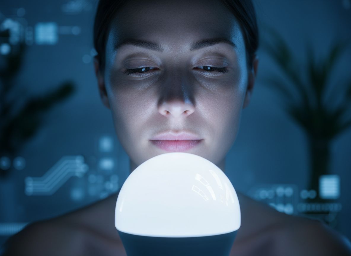 Nowoczesna żarówka LED świecąca na tle spokojnej twarzy w chłodnym, technologiczno-zdrowotnym otoczeniu.